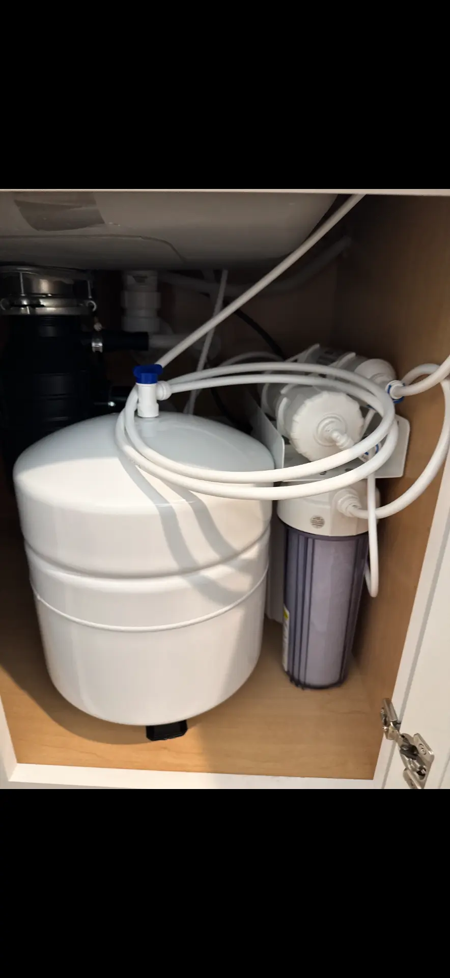 Reverse osmosis tank and filters in a kitchen cabinet